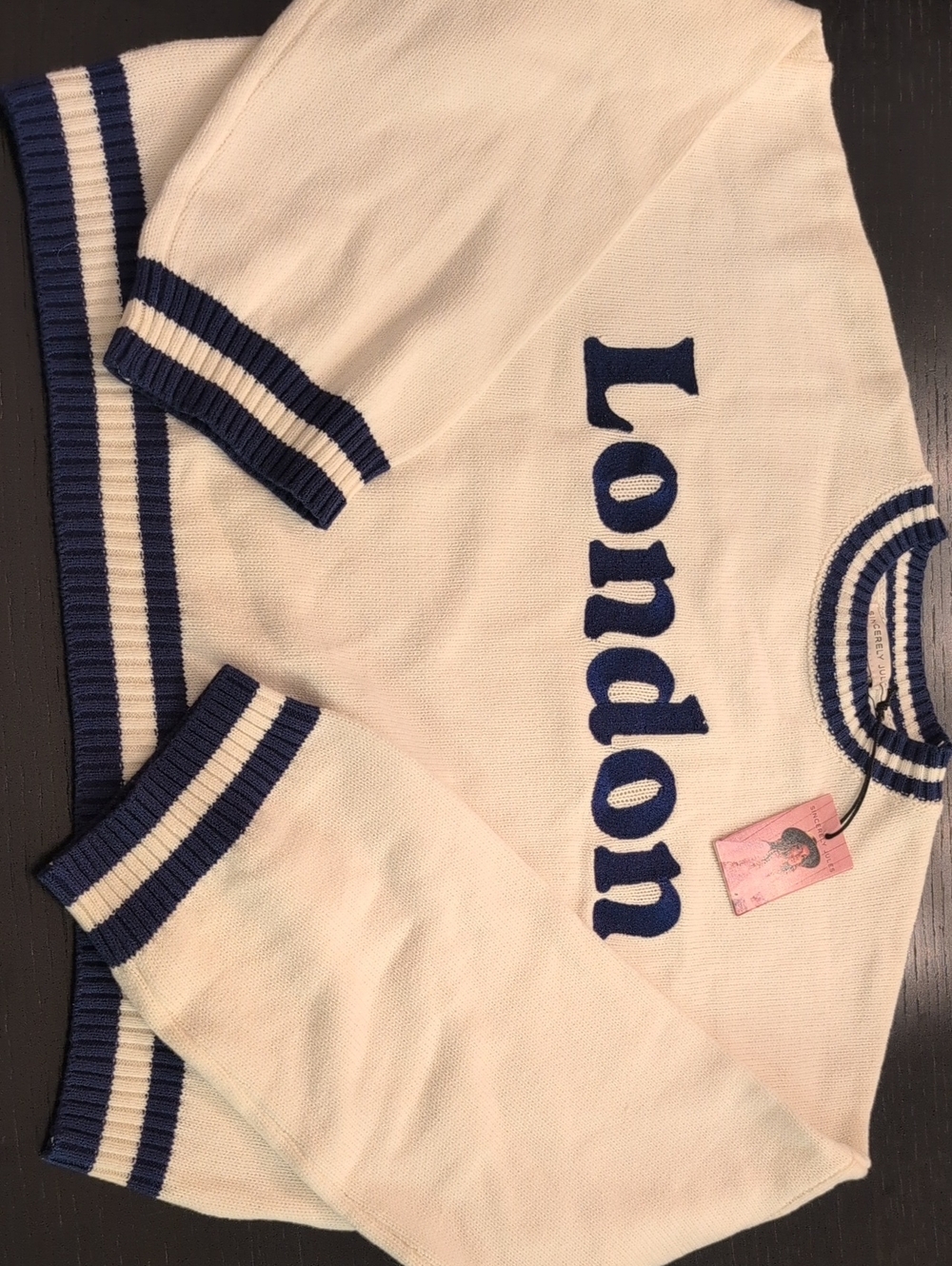Sincerely Jules Cream Crewneck Sweater with Navy Lettering